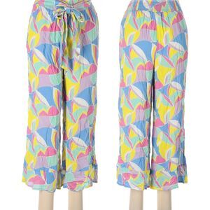 Crown & Ivy Yellow Blue Pink Teal Geometric Prints Wide Leg Paper Bag Pants M